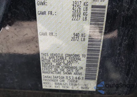 2016 Nissan Altima 2.5/2.5 S/2.5 Sl/2.5 Sr/2.5 Sv z USA, uszkodzony, nr VIN 1N4AL3AP1GN351463